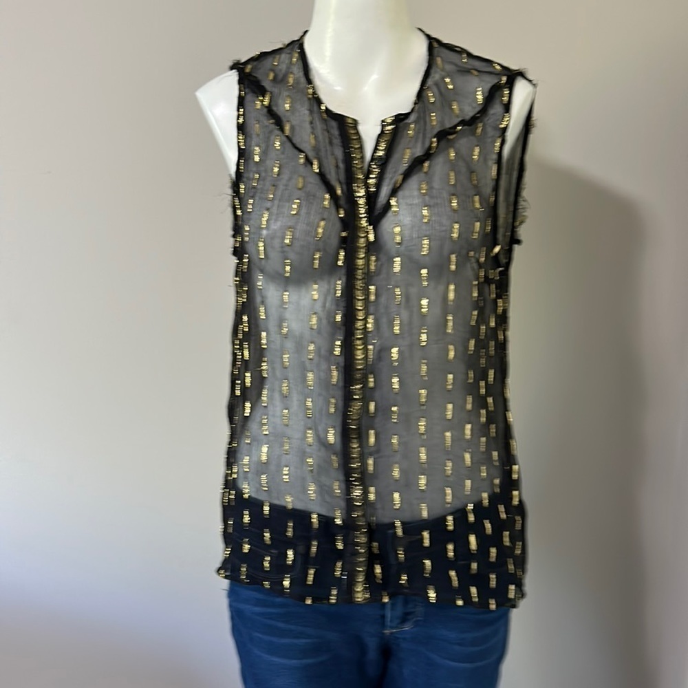 Zadig and Voltaire Black Gold Tonia Shiny Top Chiffon Sheer Sleeve Metallic Sz M